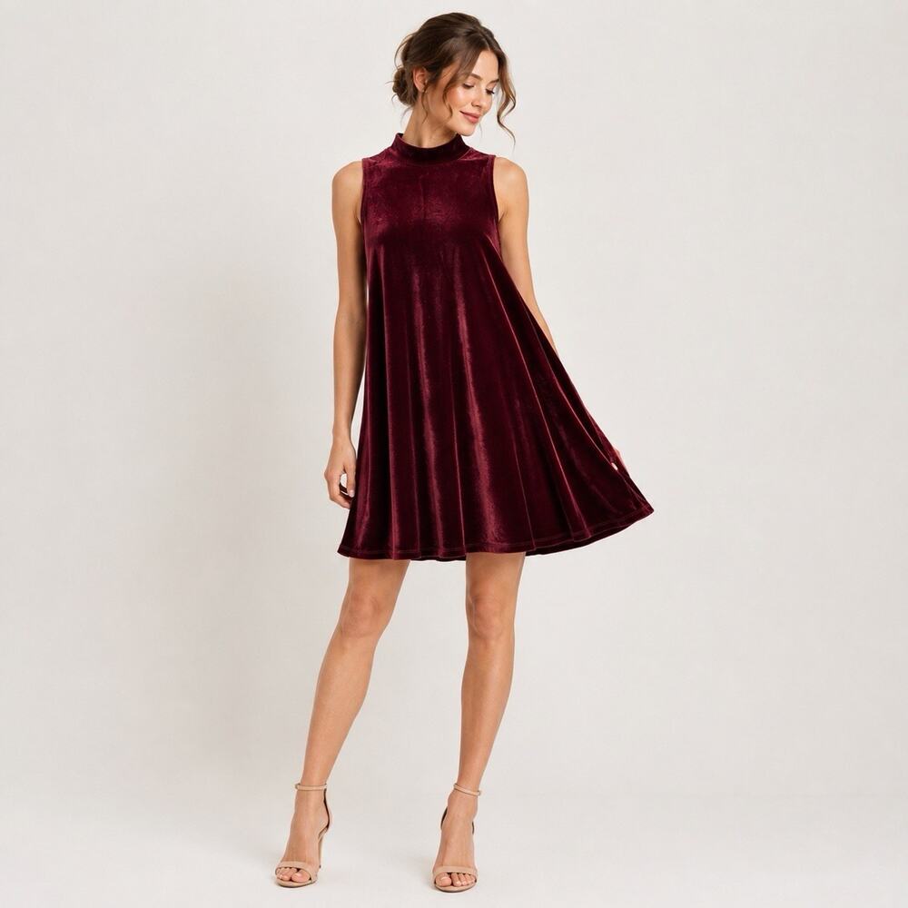 One Cloth Burgundy Velvet Babydoll Swing Dress Hi-Neck Mini Women’s Size Medium